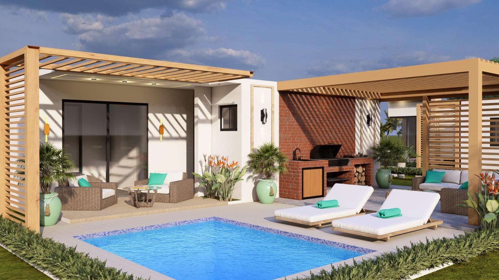 Piscina y área de BBQ (render)