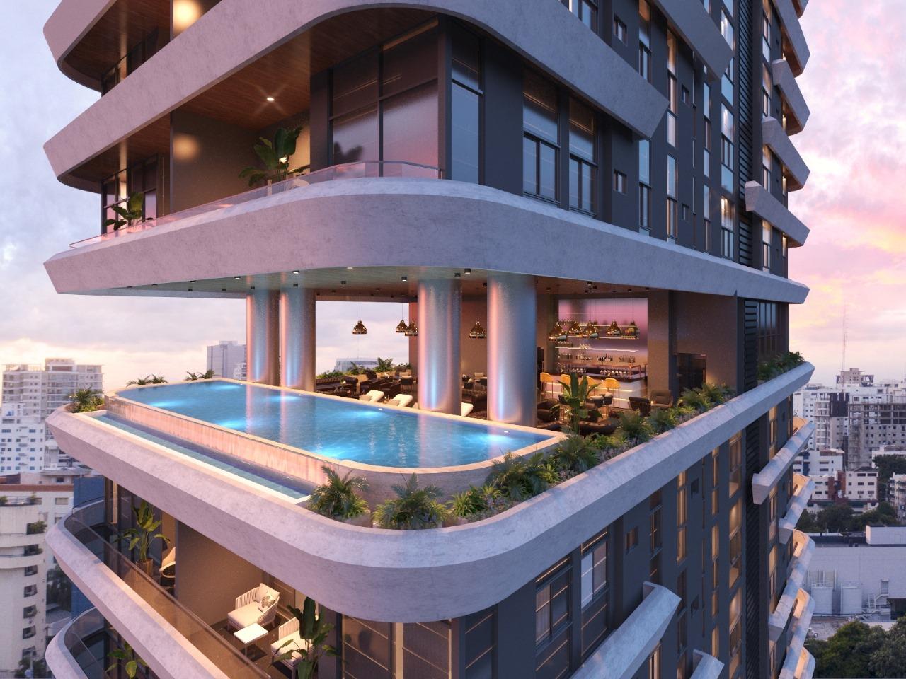 Fachada con piscinas en balcones (render)