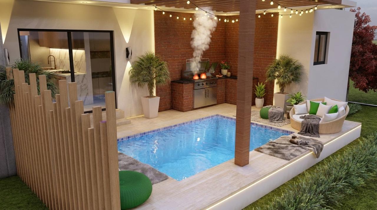 Terraza y piscina con pérgola (render)